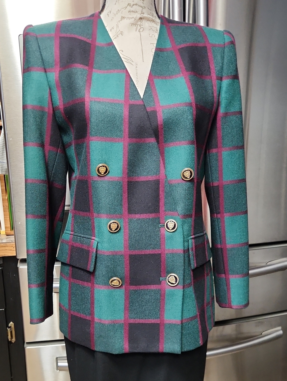 Kasper Teal, Black & Purple Windowpane Double-Breasted Blazer